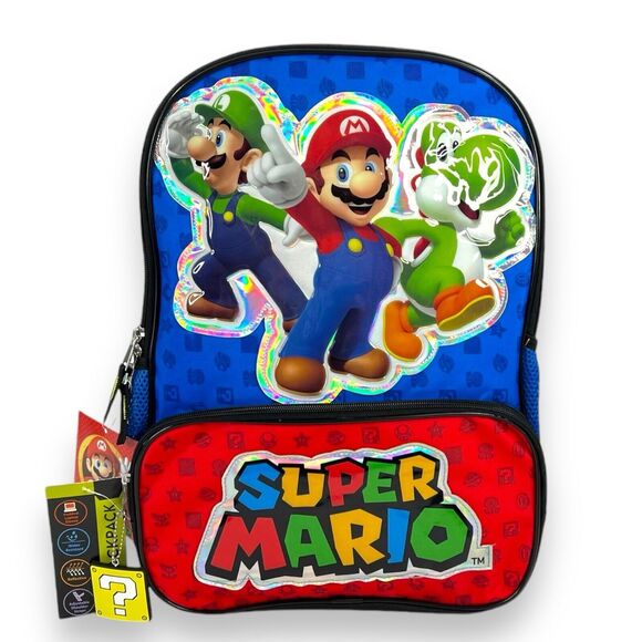 OFFICIAL Super Mario Backpack Reflective Kids School Bookbag Bag 17” w Bag Charm - Picture 3 of 16